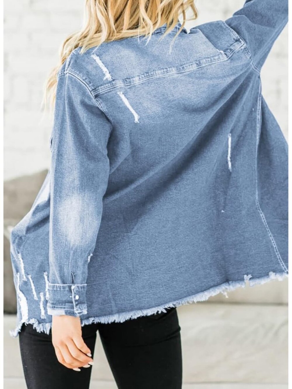Women’s Sky Blue Oversized Distressed Boyfriend Button Down Jean Denim Jacket - Picture 3 of 3